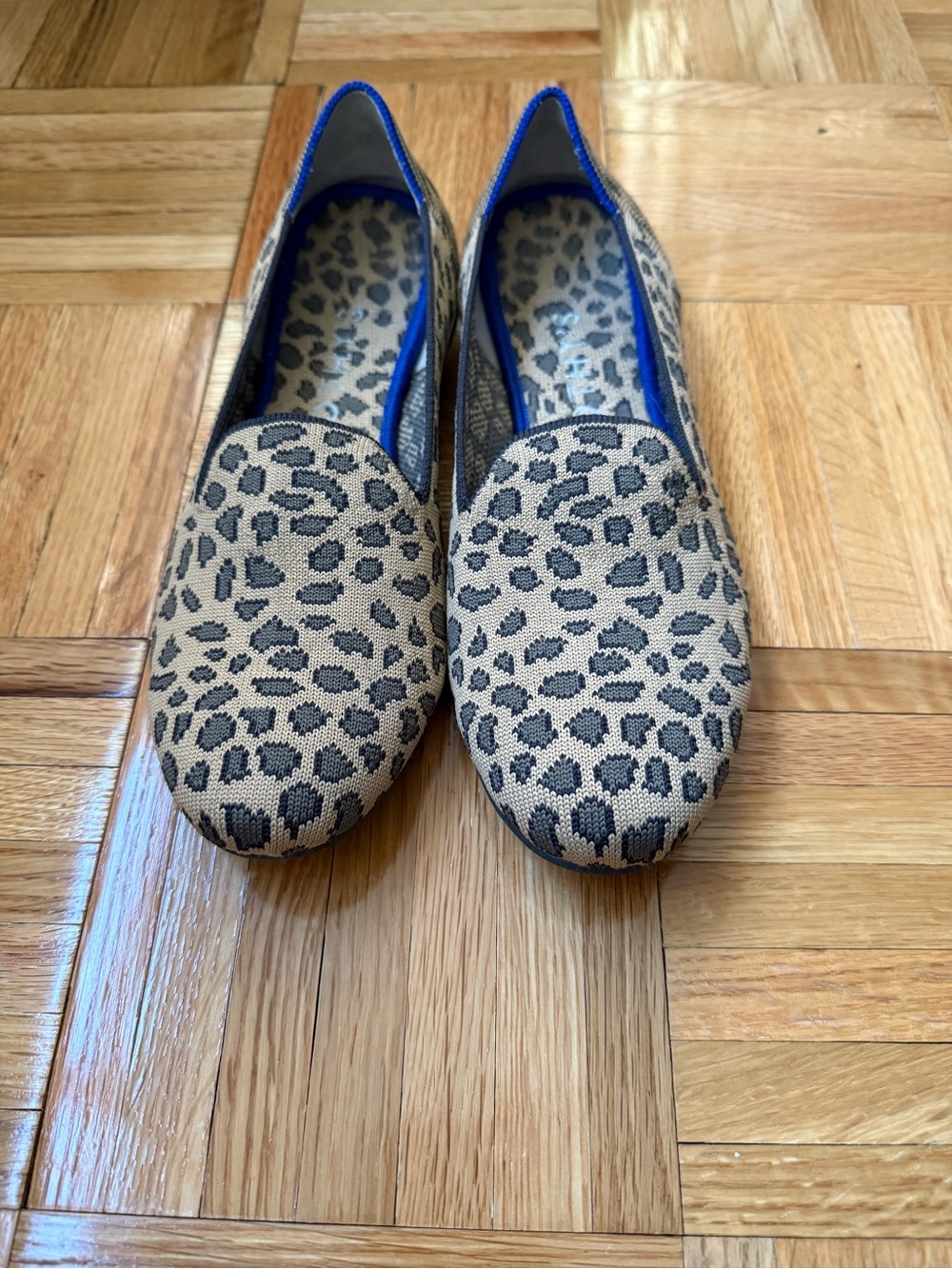 Rothy's Leopard Print Slip-On Loafers with Blue Trim